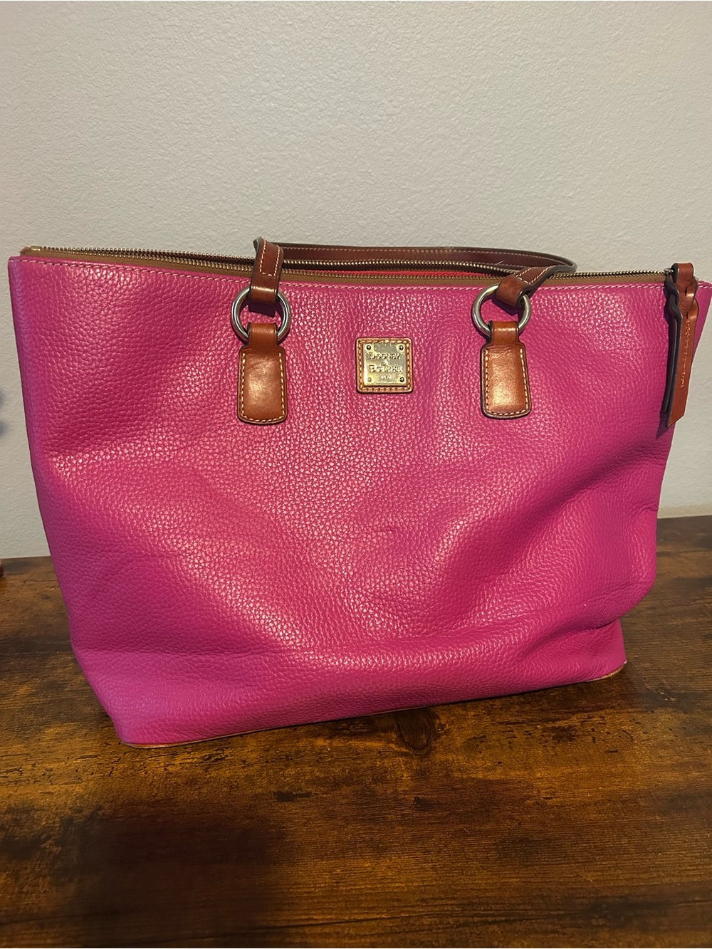 Dooney & Bourke Hot Pink Leather Tote with Brown Trim
